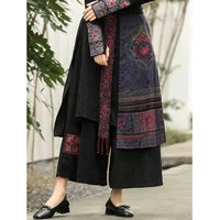 2022 ethnic harajuku women embroidery pants skirts chinese style vintage wide leg skirt pants cotton linen tassel patchwork