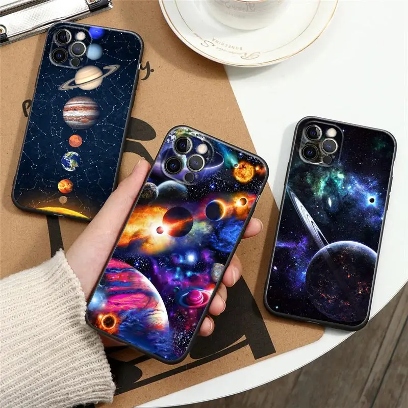 

Universe Scenery Black Phone Case for IPhone 12 11 13 14 Pro Max XS XR X 8 7 Plus SE Soft Cover Planet Star Starry Sky Sun Funda