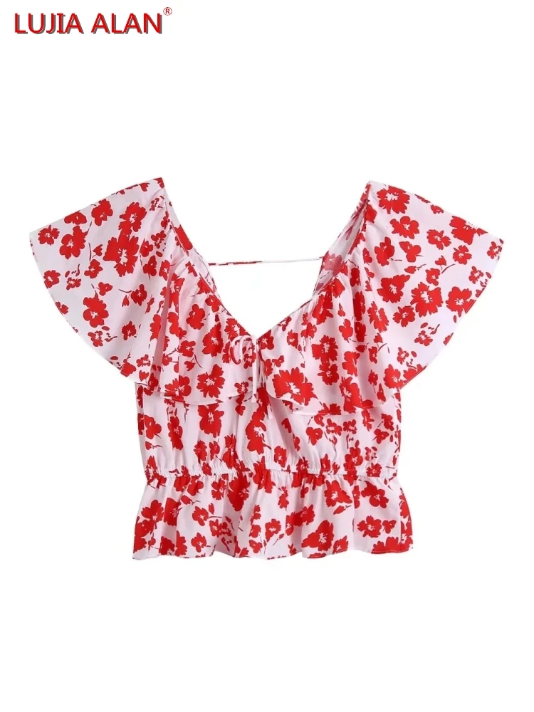 

Women Flower Print V-Neck Cascading Ruffle Blouse Summer Female Shawl Sleeve Shirt Smock Tops Elegant Streetwear LUJIA ALAN B192