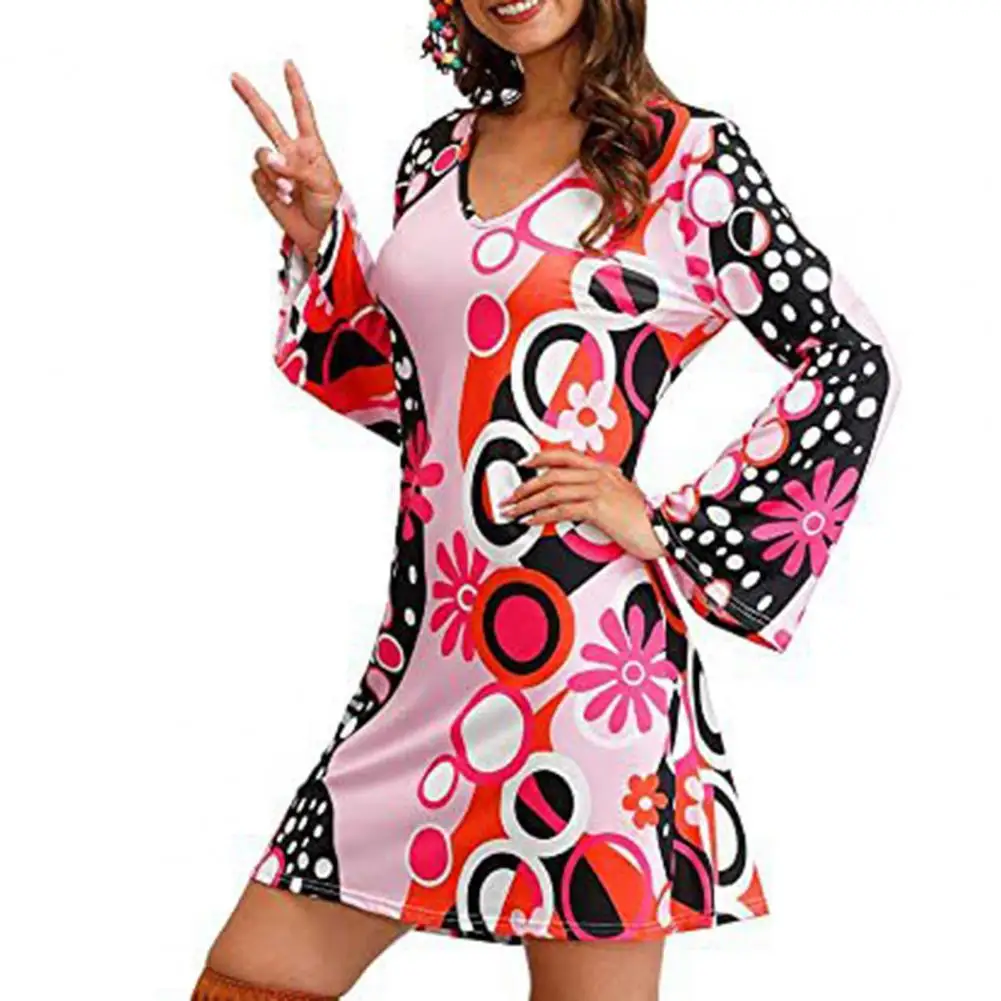 

2Pcs/Set Women Halloween Dress With Headband Floral Print V-neck Flared Long Sleeve Party Dress Disco 1960 Dance Dress