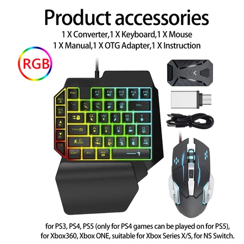 Игровая клавиатура и мышь, комбинированная клавиатура Rgb с подсветкой одной рукой, мыши с конвертером, набор адаптеров для PS4, PS5, Xbox Switch
