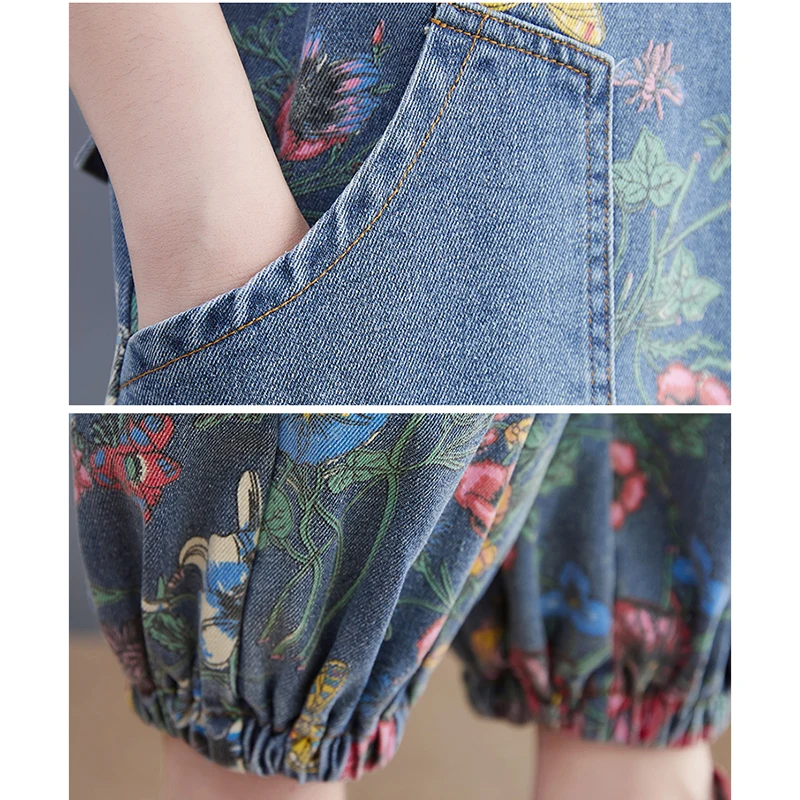 Fashion Streetwear Print Floral Denim Overalls For Women Dungarees New Straps Baggy Rompers Pants Loose Wide Leg Jeans Jumpsuit images - 6