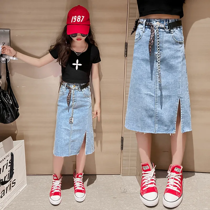 

Girls' Design Chain Split Denim Skirt 2022 Summer New High Waist Thin Bag Hip Midi Skirt Trend