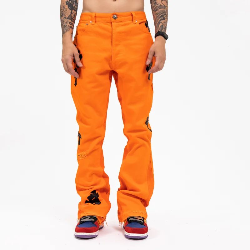 

Hip Hop Flare Jeans Men Harajuku Cross Embroidered Low Rise Straight Leg Denim Trousers Streetwear Retro Washed Baggy Pants 2022