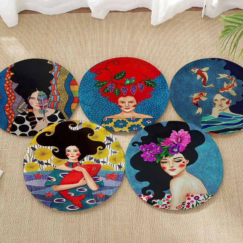 

Vintage Abstract Girl Hair Flower Women Round Meditation Cushion Stool Pad Dining Chair Tatami Seat Cushion Anti-Slip Sofa Decor