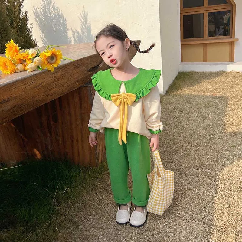 Criscky 2022 Spring Autumn Children Girl 2PCS Clothing Set Bowknot Ruffles Cotton Shirts Loose Pants Baby Girl Clothes Suit
