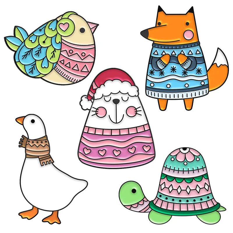 

Cartoon Pigeon Wearing Sweater Brooch Fox Duck Turtle Cat Wearing Sweater Brooch Clothing Accessories Brooch Enamel Lapel Pins