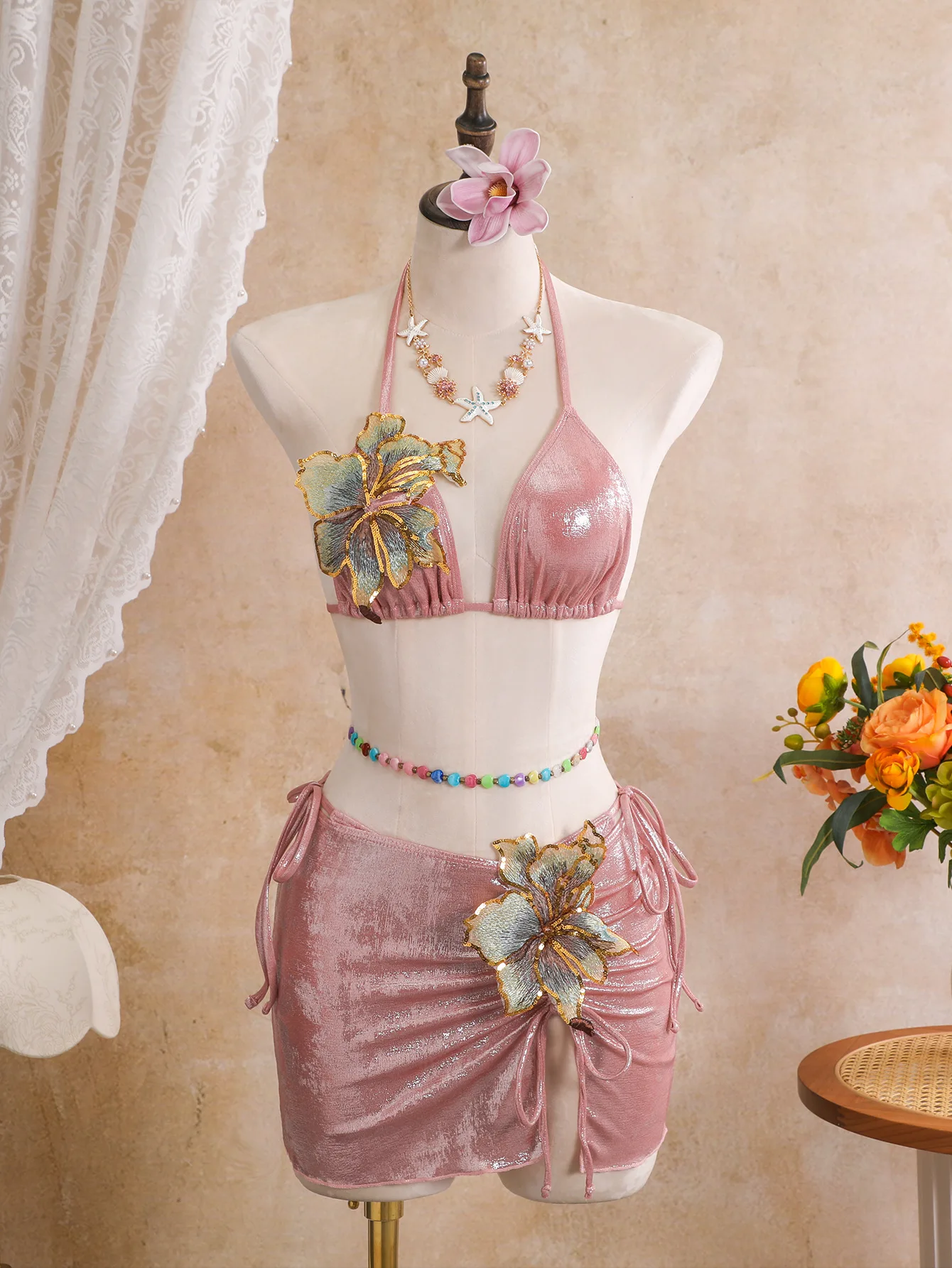 Фото Блестящий розовый сетчатый купальник с пайетками, 3-х предметный комплект: бикини с эффектом пуш-ап, трусики-стринги, пляжный купальник в бразильском стиле, праздничный купальный костюм. №3