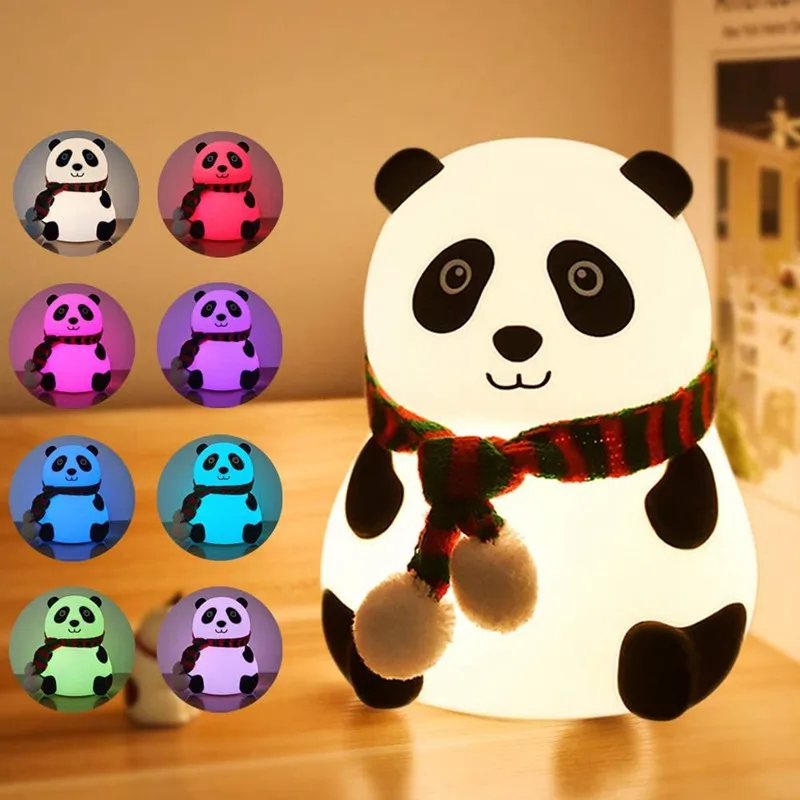 

USB Rechargeable 7 Color Changing Panda Night Light Tap Control Nursery Lamp Soft Silicone For Kids Toddlers Bedroom Bedside