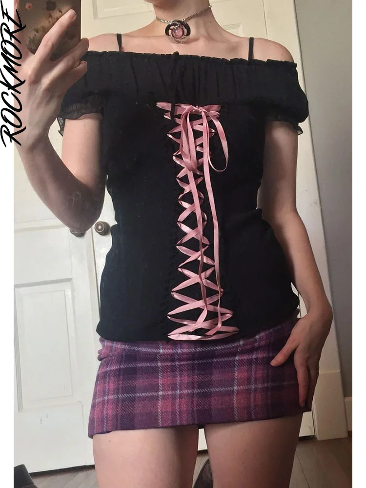 

Rockmore Y2K Cross Tie Straps T-Shirt Women 2000s Aesthetic Slash Neck T Shirts Casual Sweet Tees Harajuku Grunge Fairycore