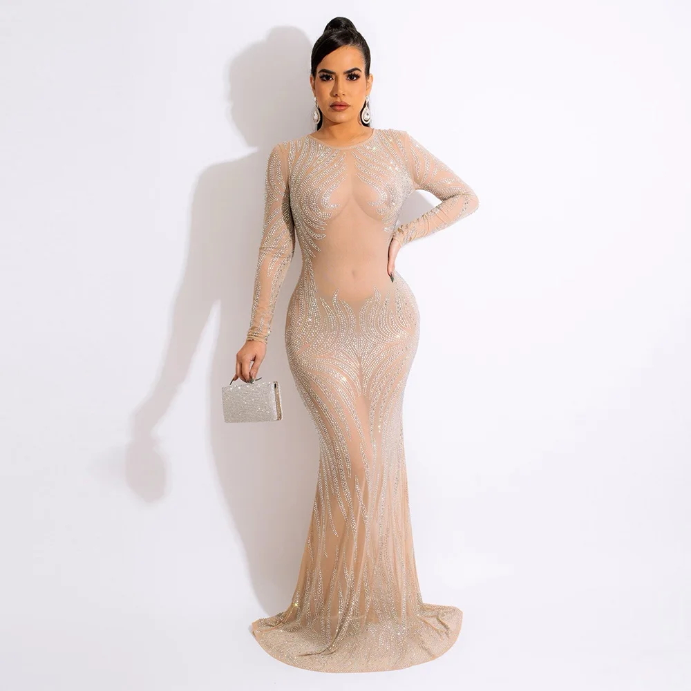2022 Fashion Mermaid Dress Sequins Dress Solid Transparent Diamond O-neck Long Sleeve Sexy Club Dress Maxi Dresses Vestidos