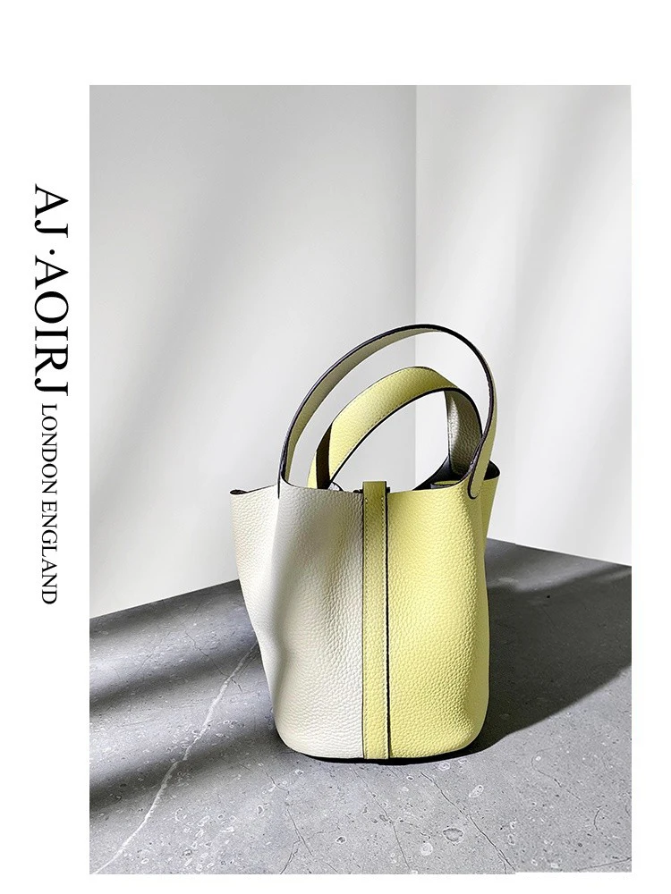 

British niche leather basket women's bag contrast color soft leather bucket bag handbag women