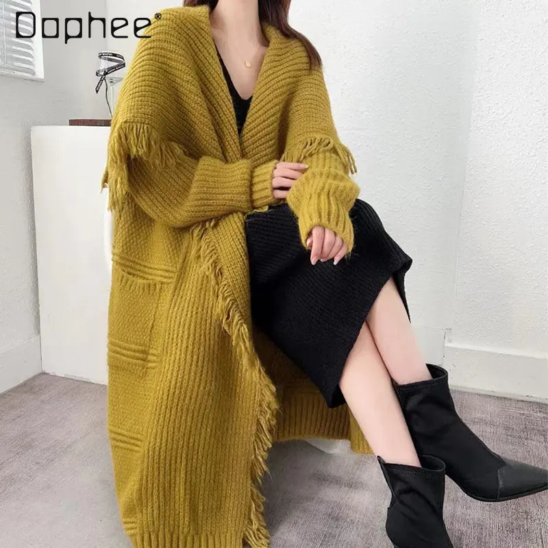 Autumn and Winter New Tassel Loose Mid-Length Sweater for Ladies Fashionable Knitted Cardigan Oversized Sweater Coat for Women