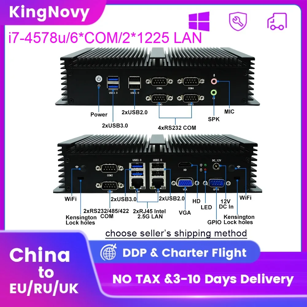 

KINGNOVY Industrial Fanless Mini PC Core i5 i7-4578u 6COM Computor 2xIntel i225 2.5G LANs VGA HDMI Thin Client Small Desktops