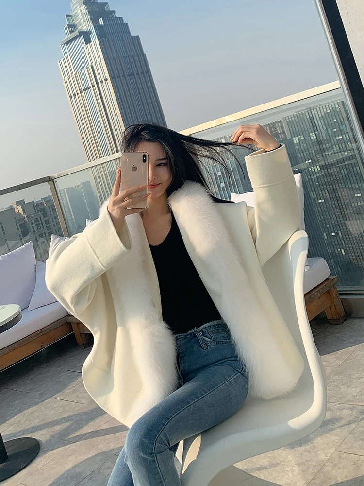 FURYOUME 2022 Winter Women Cloak Loose Cashmere Wool Blends Real Fur Coat Natural Fox Fur Collar Outerwear Fashion Streetwear