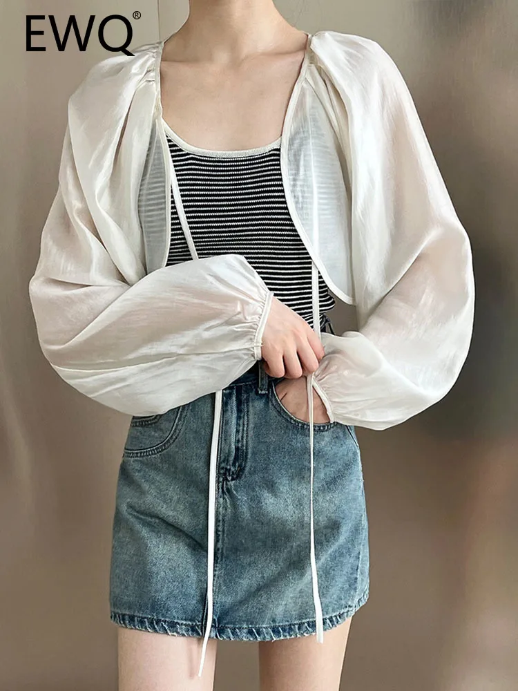 

EWQ Lace-up Design Cardigan Shirt For Women Solid Long Sleeve Short Blouses Fashion Sun Prevention Tops 2023 Summer New 26D3495