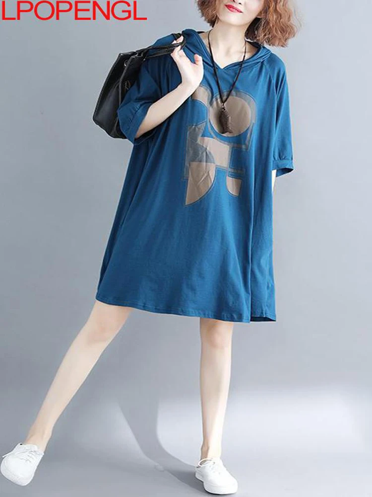 

2022 Summer New Korean Fashion Loose Oversized Hooded Mid-sleeve Dress Women Mid-length T-shirt Dress Female Vestidos De Verano