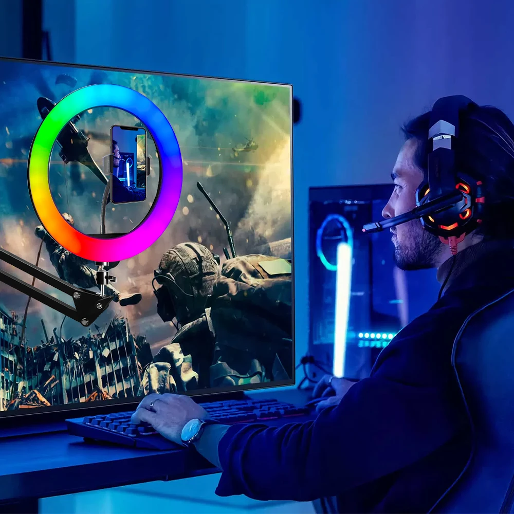 Кольцевой светильник для селфи, светодиодная лампа 10 дюймов RGB с  держателем для мобильного телефона, со штативом | AliExpress