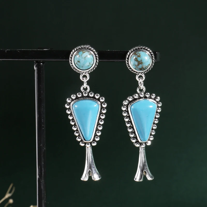 

Vintage Triangle Metal Artisan Carved Pattern Earrings Hanging Blue Stone Boho Women Simple Dangle Drop Earrings