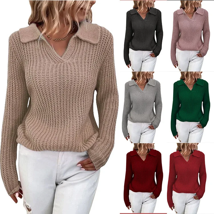 

202Sweater Women Autumn and Winter New Style Sweater Lapel Solid Color Slim Fit Round Neck Knitting Foreign Trade Sweater Women
