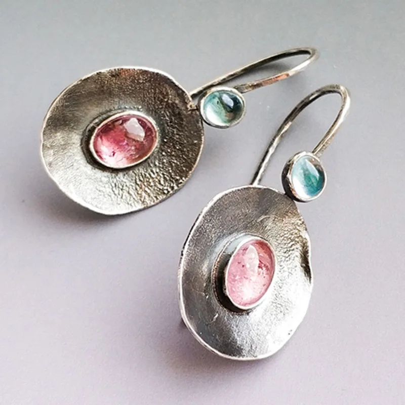 

Simple Red and Green Moonstone Round Pendant Earrings Retro Silver Color Ethnic Style Bohemian European and American Earrings