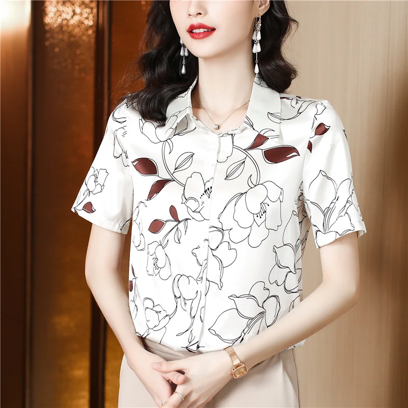 

Poplin Women's Shirts New Fashion Casual Long Sleeve Top Polo-neck Floral Print Summer Female Clothing