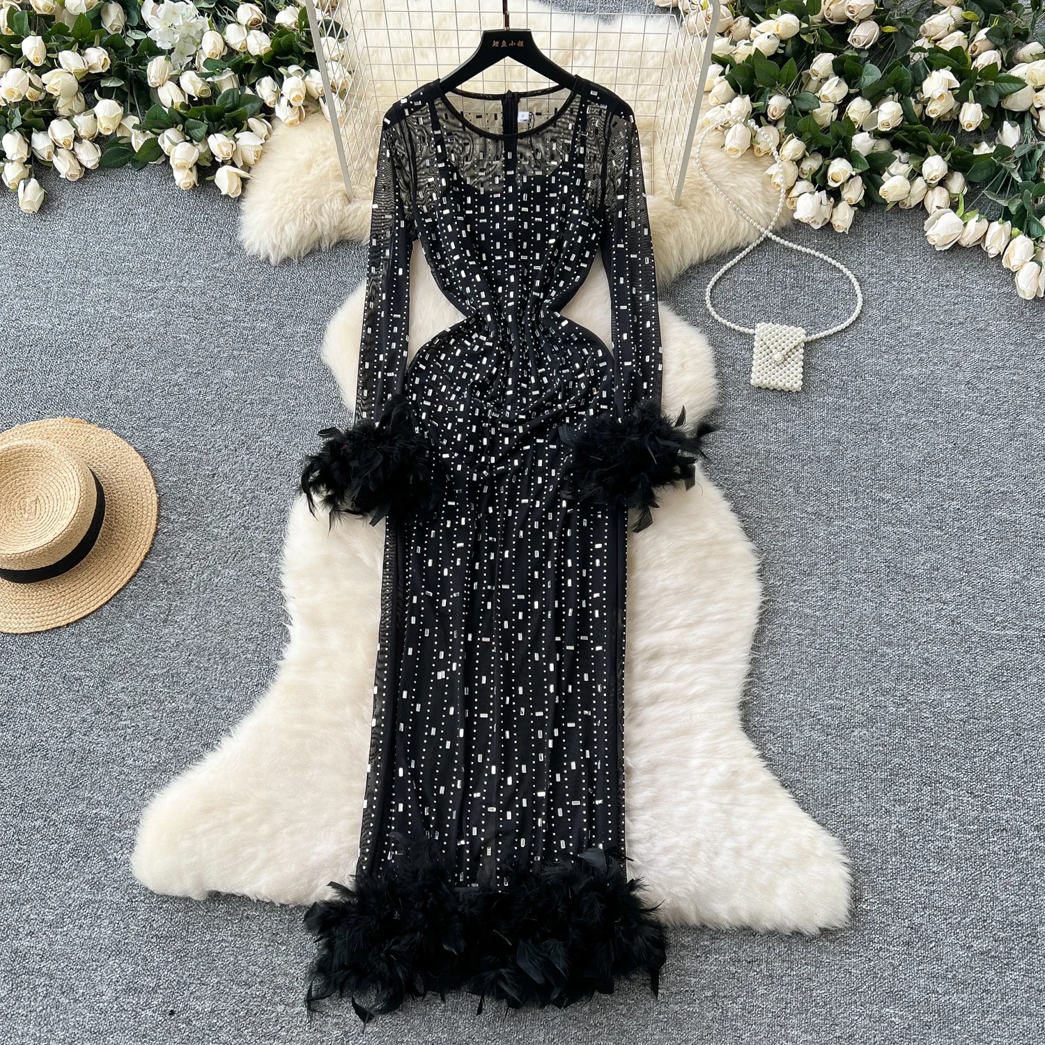 Женское винтажное платье с длинными рукавами и круглым вырезом