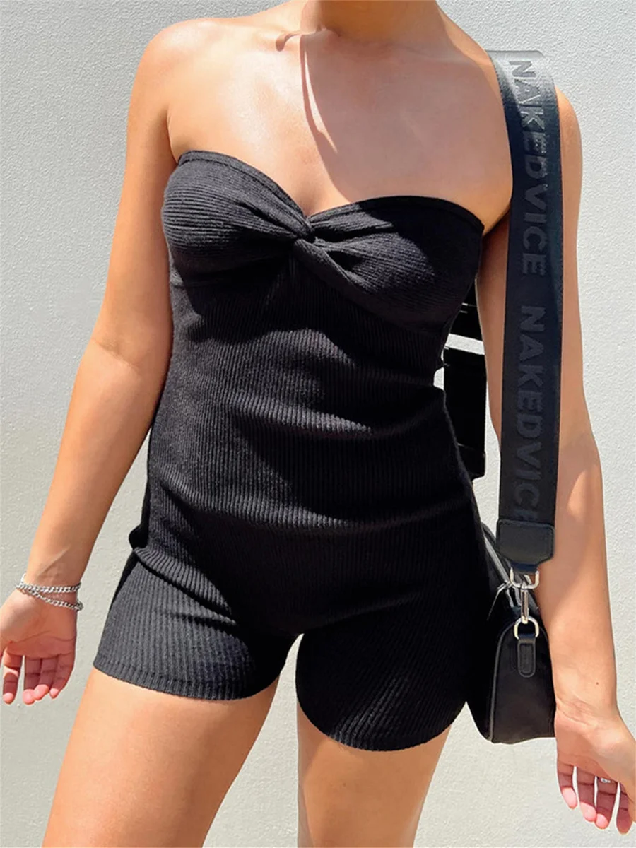 

Black Playsuit Woen Off Shoulder Bow Ruched Strapless Short Ropers Casual Suer Evening Party Club Streetwear Outfit