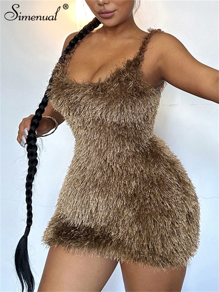 

Simenual Fairy Soft Fur Straps Square Collar Micro Dress Sexy Hot Backless Bodycon Dresses Party Outfits Slim Clubwear Women New