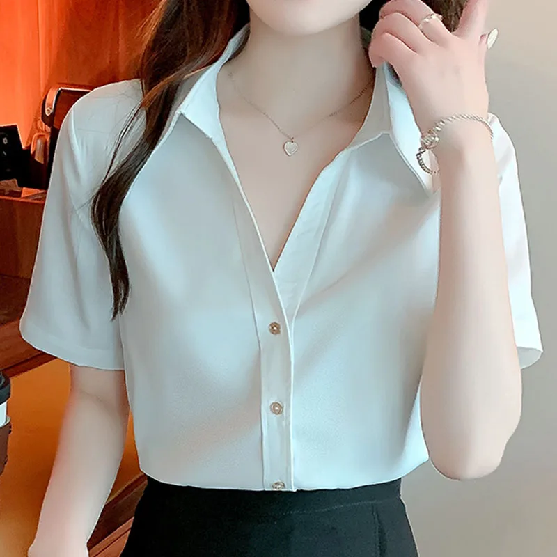 

2022 Summer Satin Blouse Women Clothing Office V-neck Short Sleeve Chiffon White Tops Ladies Button Up Shirts Blusa Femme 2888
