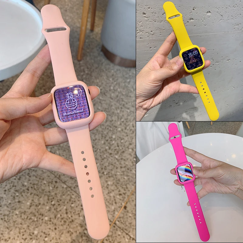 

band with case for apple watch series 8 7 6 5 4 3 2 SE strap for iwatch with cover silicone band 38 40 42 44 41 45mm candy color
