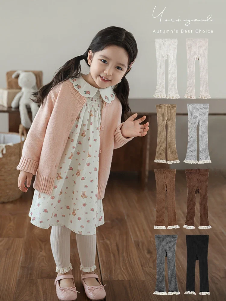 Кружевные леггинсы для девочек Осенние милые теплые Изящные Тканые Полосатые