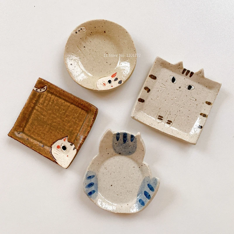 Japan Handmade Rough Pottery Cute Cat Ceramic Dinner Plate Household Dipping Sauce Dish Delicate Afternoon Tea Treat Plate