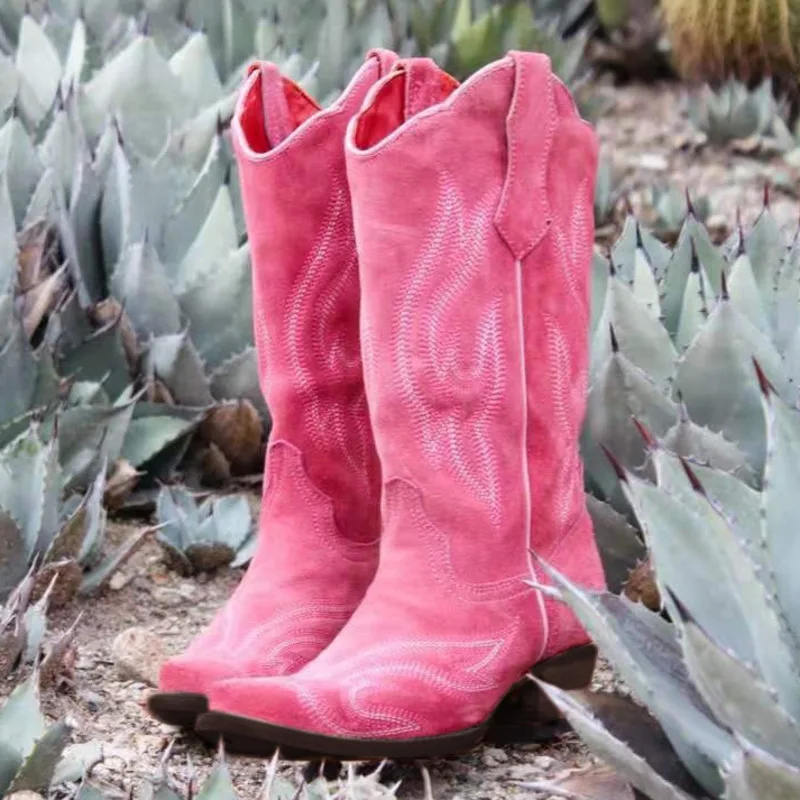 

Vintage Embroidered Wedge Western Cowgirl Knee High Boots Pink Cowboy Boots 2022 Fashion Ladies Slip On Shoes Bota Feminina