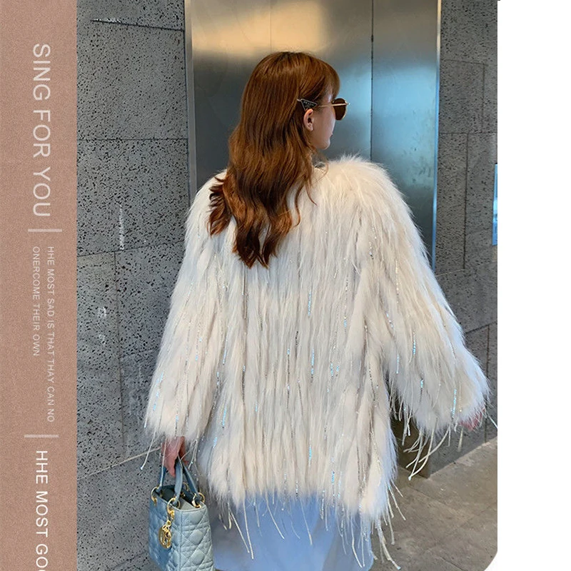 2022 Fashion Tassel Dequins Fox Fur Coat Women Winter Warm Luxury Fur Jacket Plus Size Outwear Female Elegant Party