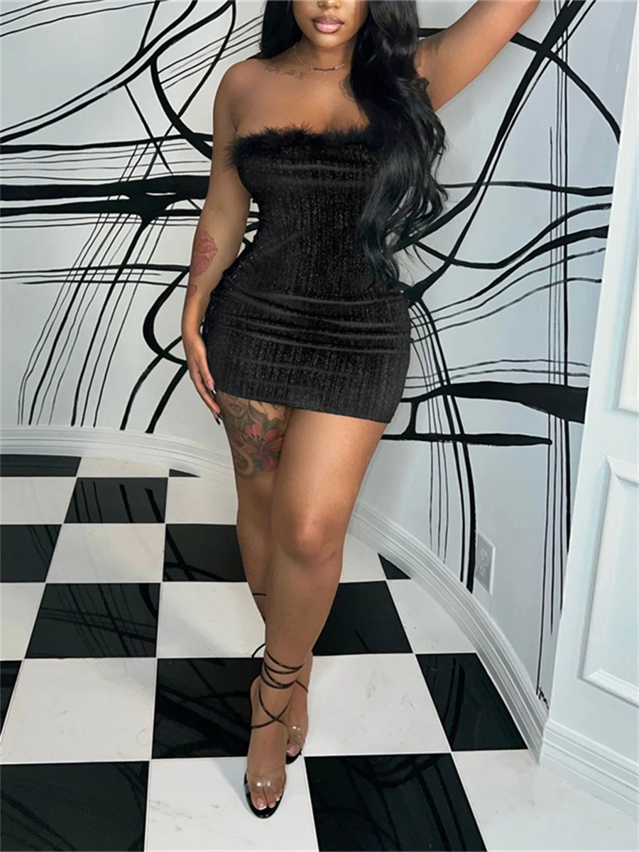 

wsevypo Shiny Glitters Feathers Strapless Bodycon Dress Women Sexy Sleeveless Off-Shoulder Tube Top Mini Dress Party Clubwear