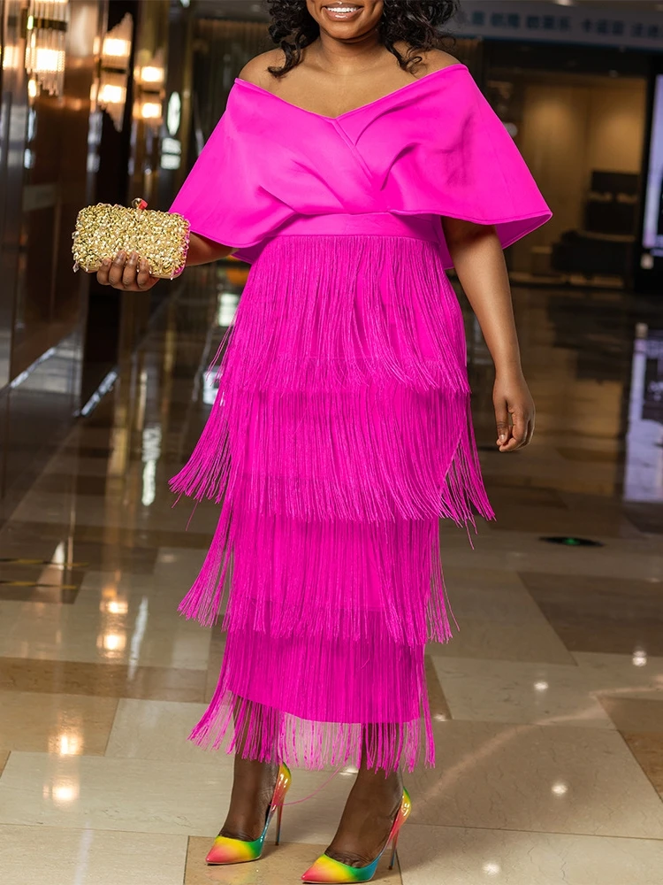 Plus Size Birthday Maxi Dress For Women Clothing 2023 Summer Off Shoulder Tassel Club Party Evening Dresses Robe Vestidos festa