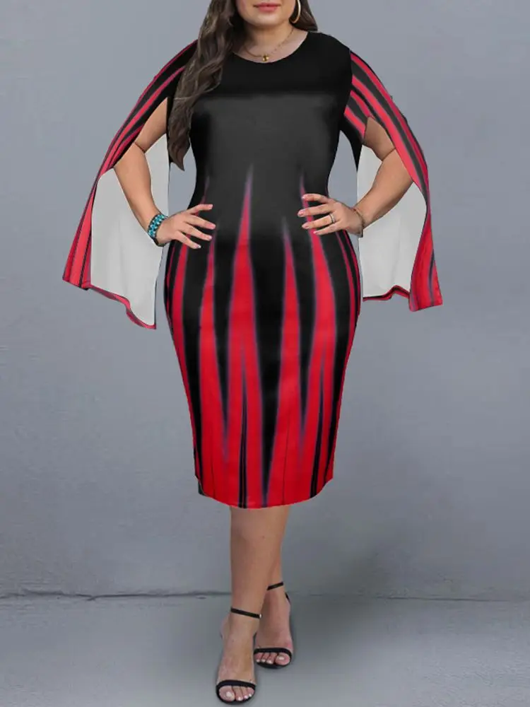 

Elegant Stripe Print Plus Size Dresses for Women 2022 Summer Split Long Sleeve Midi Sress Women O-Neck Evening Party Dress 5XL