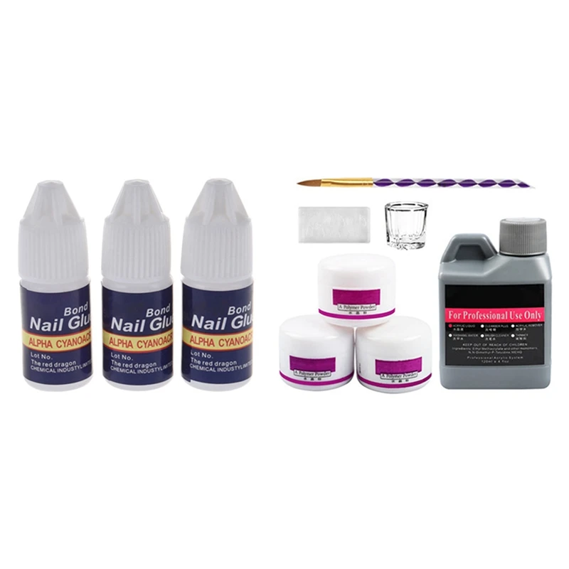 

3Pcs 3G Professional Nail Glue With 7Pcs Acrylic Nail Kit Crystal Liquid