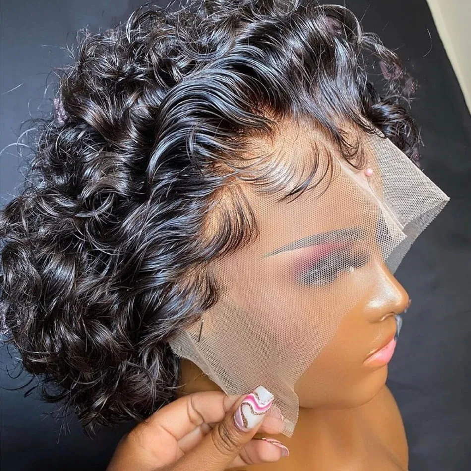 

Pixie Cut Wig Short Bob Curly Human Hair Wigs perruque bresillienne Cheap 13X1 Transparent Lace Wig Water Deep Wave Human Hair