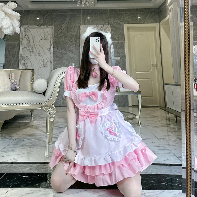 

Pink Secondary Yuan Maid Uniform Cute Lolita Dress Women's Anime Cosplay