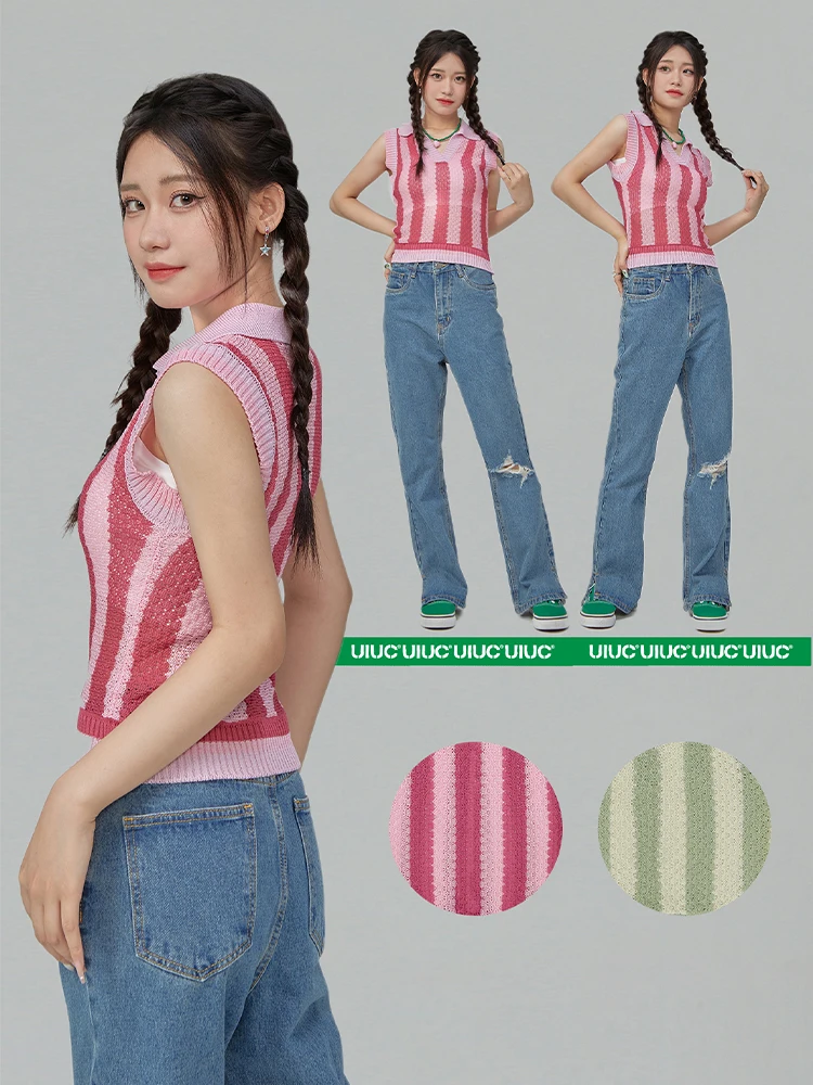 

INFLATION Pink Striped Knitted Tank Tops Women Sweet Style V-neck Cropped Tops