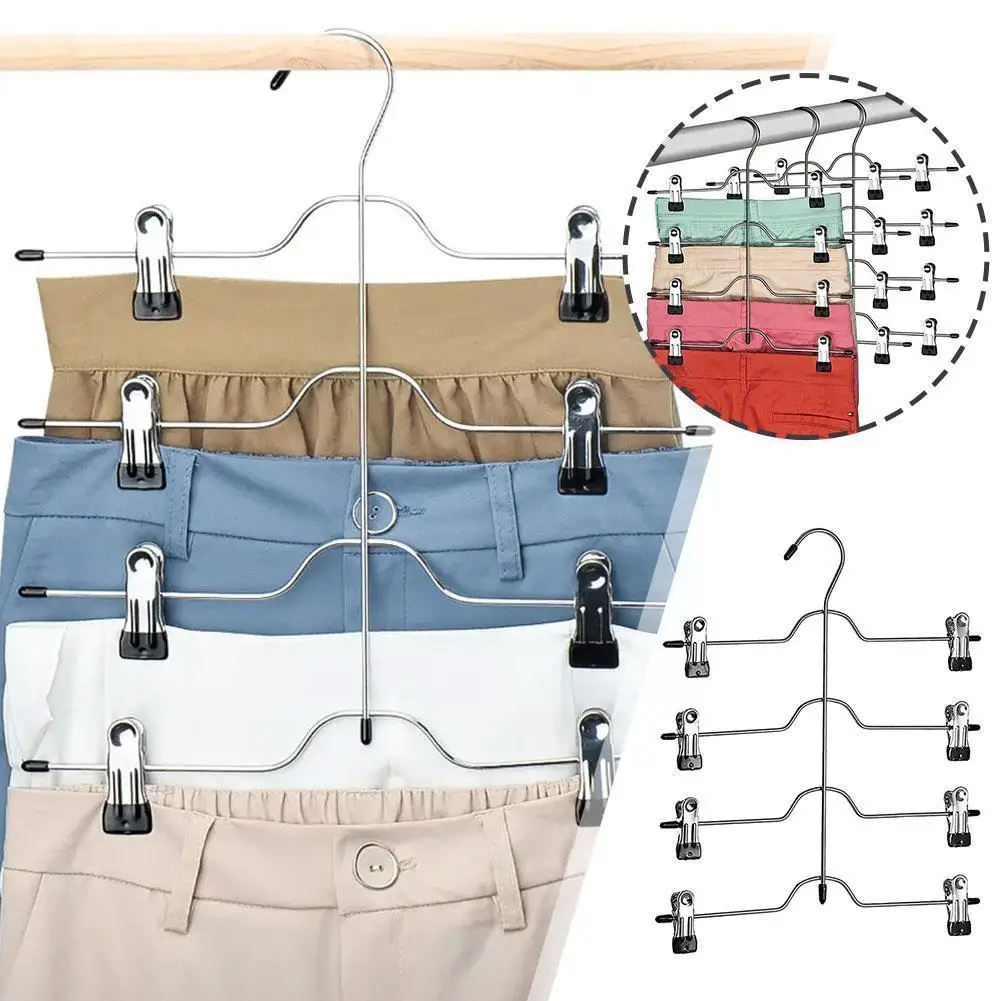 

4-уровневые вешалки для юбки, брюк, шорт с регулируемыми зажимами, скользящая стойка для пространства, металлические 8 сберегающих зажимов для одежды, без хранения юбки I9a8