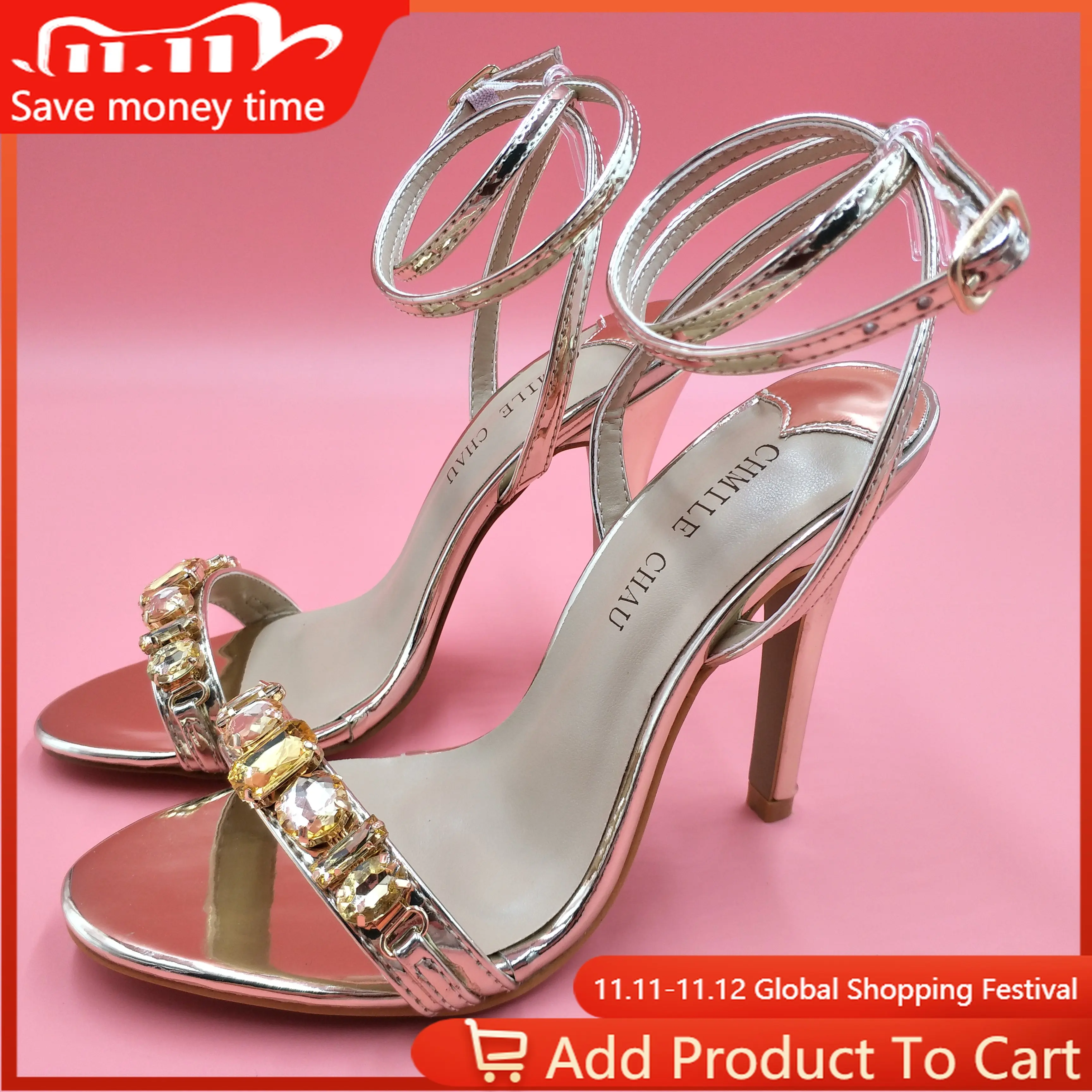 

Women Stiletto Thin High Heel Sandal Sexy Ankle Strap Buckle Crystal Open Toe Gold Patent Party Bridals Ball Lady Shoe 5186-3
