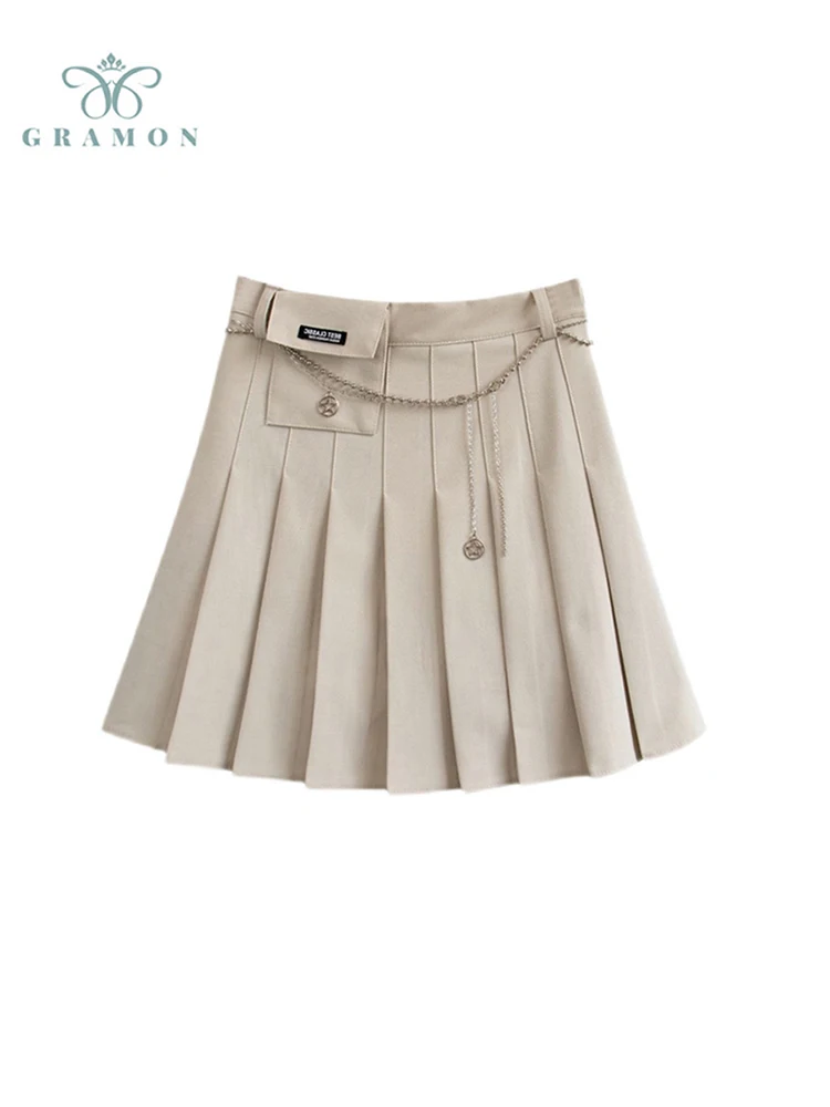 

Women Casual Solid Color Pleated Skirt 2022 Autumn New Design A Line Skirt Female Fashion High Waist Y2k Mini Skirt With Chain