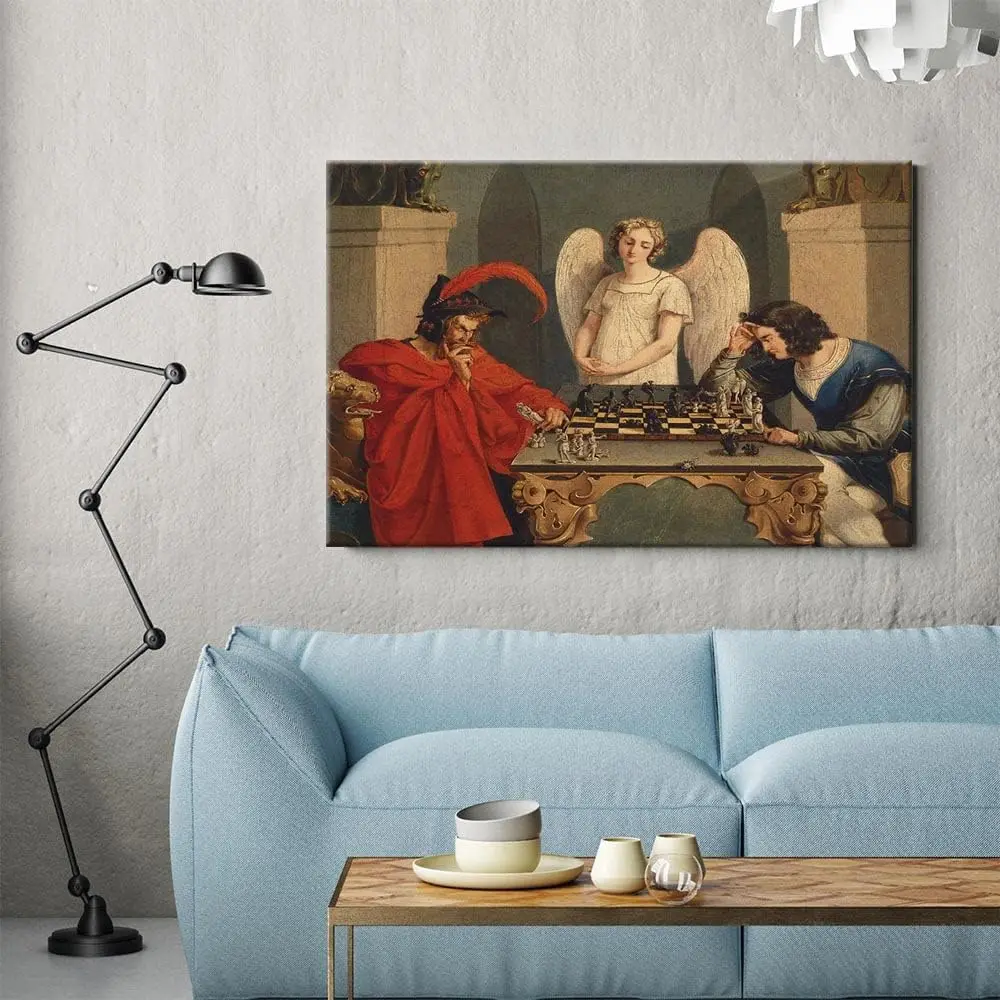 Фото IUHYVMSM винтажный плакат Faust And Mephistopheles Playing Chess, холст, настенное искусство, классический винтажный настенный декор для спальни №2