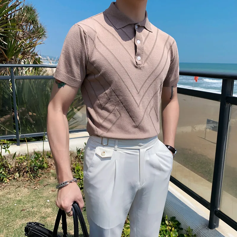 

Рубашка-поло мужская с короткими рукавами, однотонная приталенная Повседневная футболка из дышащей ткани в британском стиле, с отложным во...