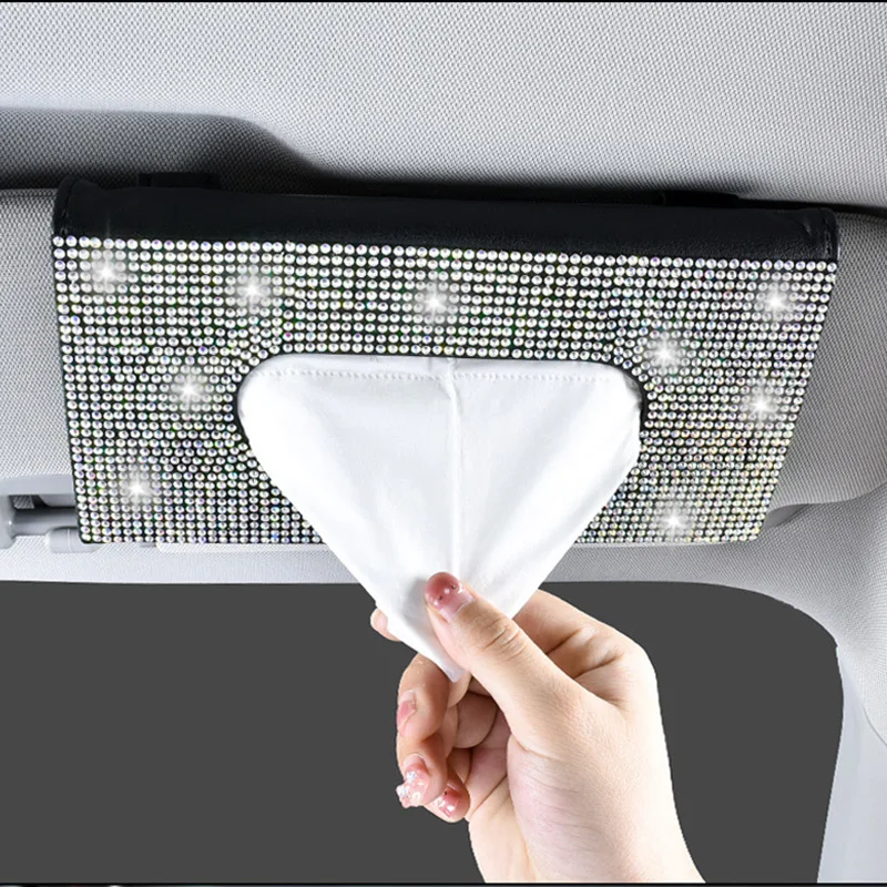 

Car Sun Visor Tissue Box Holder Bling Crystals Cover Case Clip PU Leather Sparkling Backseat Tissue Case Auto Accessories Women