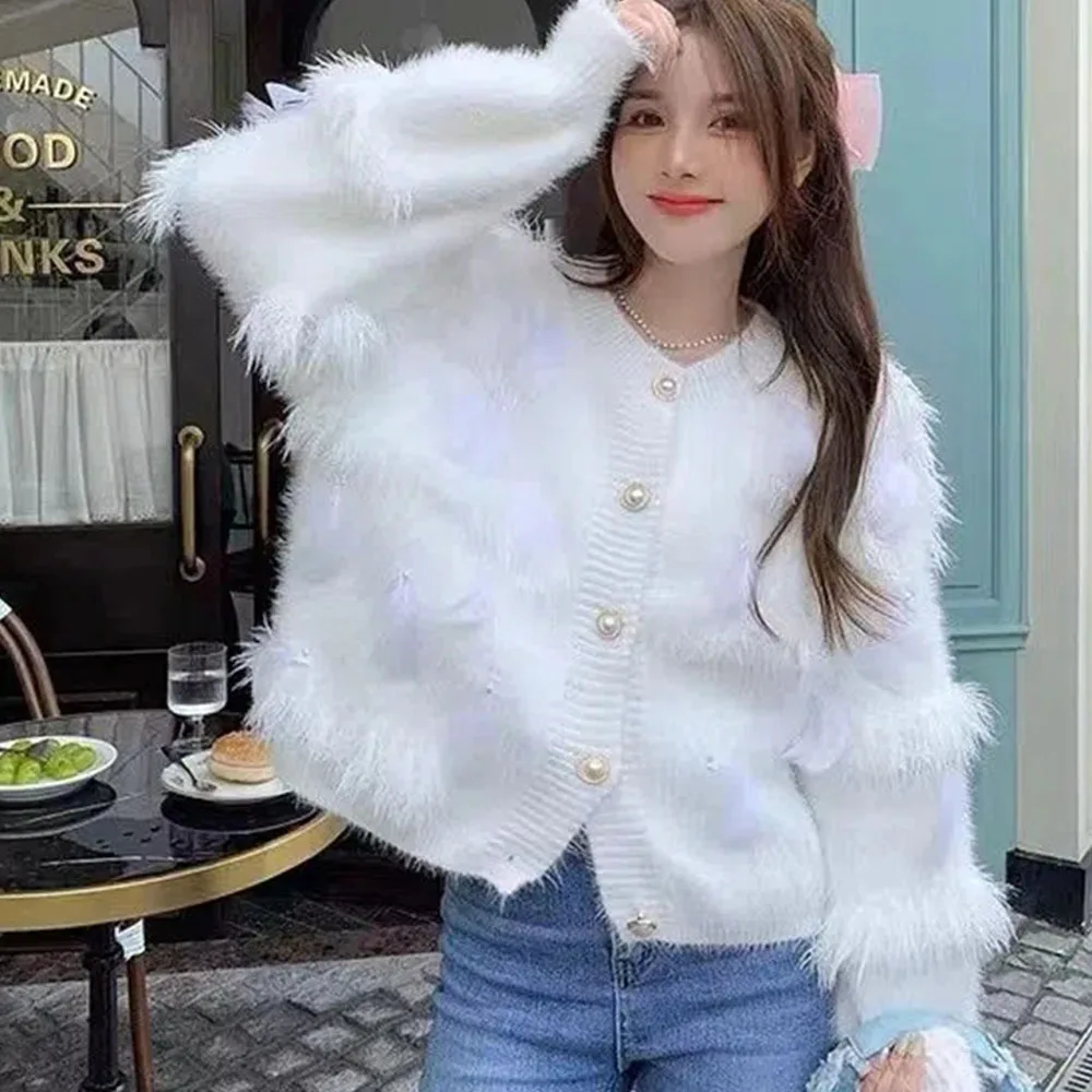 

Mink Velvet Sweaters Jacket Women Tassel Feather Knitted Cardigans Sweet Sweater Coats 2022 Soft Cozy Waxy Knit Female Outerwear