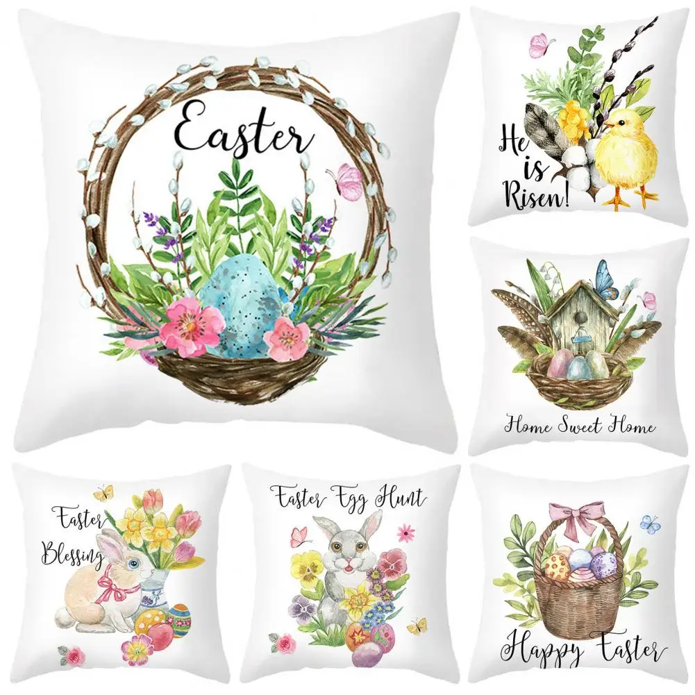 

Modern Pillow Case Square Shape Comfortable Easter Bunny Flowers Pillow Cover Washable Pillow Cover Home Supplies